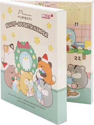 Two NICI mymochi advent calendars are shown, one in the foreground and one slightly behind it. The calendars are decorated with cute cartoon animals and festive elements.