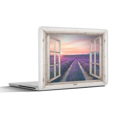 Produktbild von MuchoWow® Laptop Aufkleber Sticker Cover Durchsichtig - Lavendel - Blumen - Holz - Sonnenuntergang - Lila 36.5x27.5 cm - Laptop-Sticker