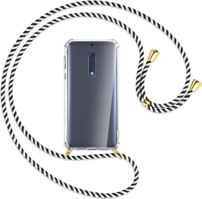 Produktbild von Handykette Backcover-Schutzhülle mit Band (Metall goldfarben) für Nokia 5 - schwarz/weiß gestreift