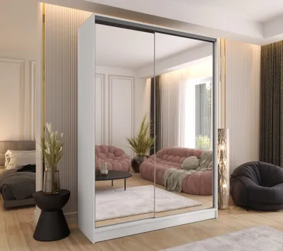 Produktbild von Schwebetürenschrank 2-türig 100x250x58 cm Weiß mit 2 Spiegeln – Moderner Kleiderschrank für Schlafzimmer und Flur