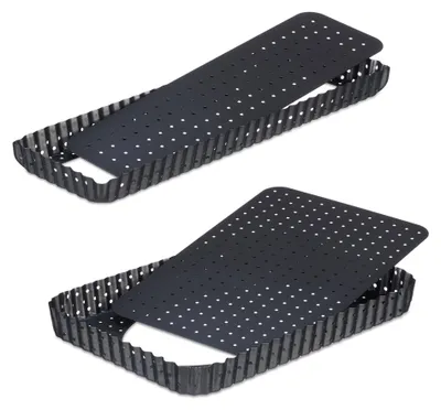 Immagine prodotto di Relaxdays Stampo per crostate, set da 2, con fondo rimovibile e fori, 2 misure, rivestimento antiaderente, stampo rettangolare per quiche, antracite