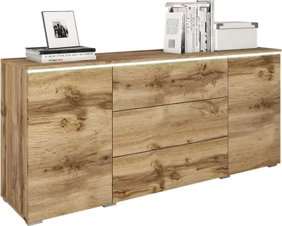 Produktbild von MIRJAN24 Kommode Vera, Griffloses Öffnungssystem, Sideboard, Stilvoll Highboard Schrank (Farbe: Wotan / Wotan, mit weißer LED Beleuchtung)