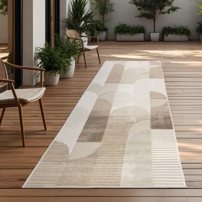 Produktbild von TT Home In-& Outdoorteppich Wetterfest Balkon Schlafzimmer Boho Skandi Motiv Unifarben Geometrische Optik Moderner Style Größe 80x250 cm