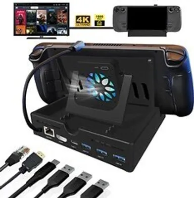 Produktbild von Dockingstation, Konsolen-Dockingstation, Steam Deck 6 in 1 dock, Docking Station, Handgehaltene Ständer, HDMI 4K 60HZ, Mit Ventilatorkühler