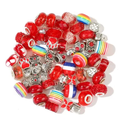Image de Perles à gros trous Charm Mix de perles de verre avec 60 perles, rouge
