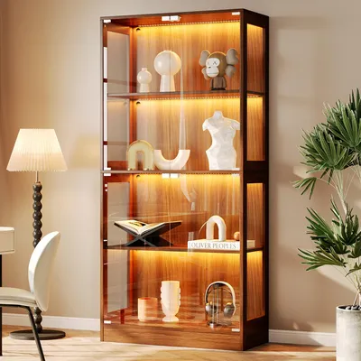 Produktbild von MODFU LED-Glasvitrine 80 x 35 x 170 cm,Standvitrine mit App-Steuerung und 4 Glasböden,Glasschrank mit Push-to-Open-Türen,Walnuss