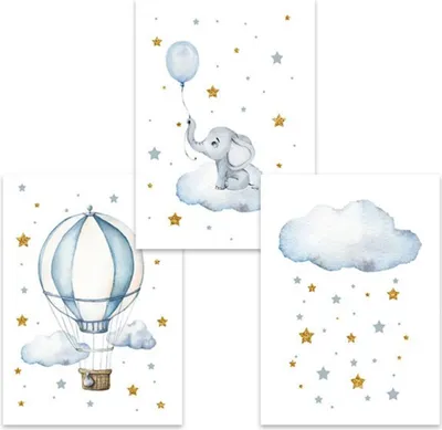 Produktbild von TPFLiving Kunstdruck LW-1008 (OHNE RAHMEN) Poster - Leinwand - Wandbild - Hochauflösender Giclée-Druck, langlebig und hochwertig - Elefantenbaby, Luftballon, Sterne, Heißluftallon - Für Kinderzimmer -  - Größe: 13x18cm