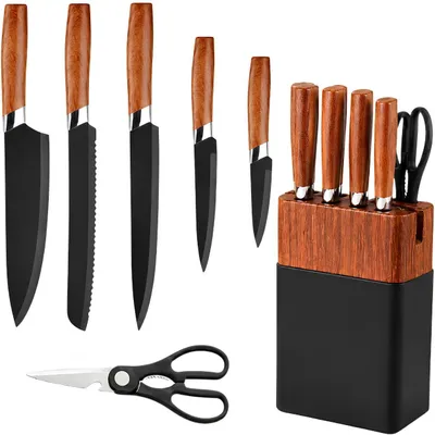 Image de Ensemble de Couteaux de Cuisine XR-40859 avec Support - Noir/Marron KP40859