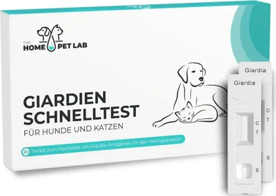 A product box for a pet lab test kit, with two test strips shown in front.