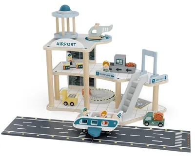 Image de Jeu de construction en bois représentant un aéroport, avec avion et hélicoptère