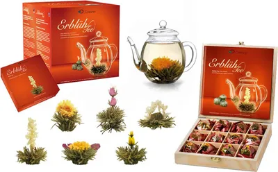 Produktbild von Creano Teeblumen Mix - Geschenkset ErblühTee mit Glaskanne & 6 Teeblumen + 12 Teerosen in Teekiste aus Holz in 6 Sorten - Weißtee