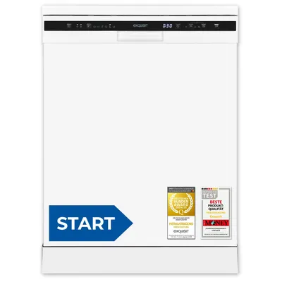 A white dishwasher with control panel and labels on the front.