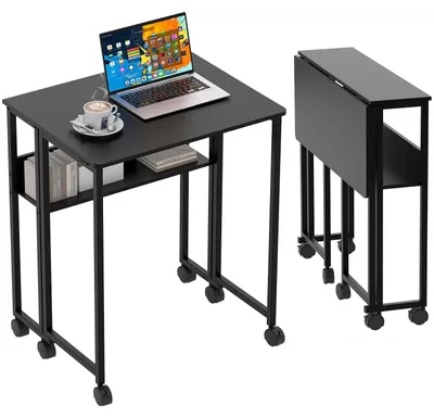 Imagen del producto de Mesa plegable para ordenador - Mesa consola - Estante - Ruedas de 360° - Altura ajustable - Estructura de metal - Color negro