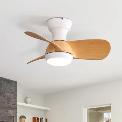 Produktbild von Sofucor Deckenventilator mit Licht und Fernbedienung, DC, 58 cm, 3 ABS-Flügel, Weiß-natürliches Holz