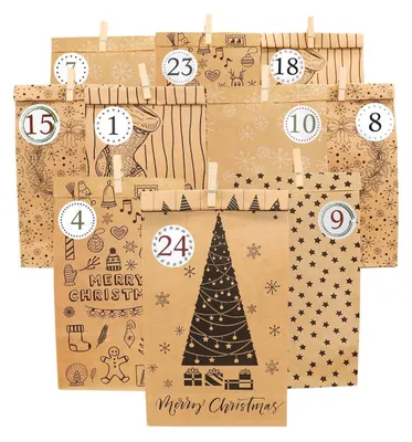 Productafbeelding van Adventskalender om zelf te vullen, 24 papieren zakjes met cijferstickers en klemmetjes, 23,5 x 12 cm