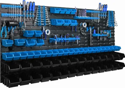 Obrázek produktu pro Závěsný panel na nářadí 173x78cm s 63 ks. Krabic Nástěnný Modré Boxy se sadou držáků plastová