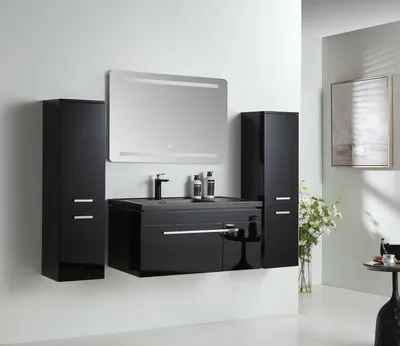 Produktbild von Badmöbel Set komplett Bad 90cm Schwarz Badezimmer Bademöbel Badezimmerschrank, Spiegel:Mit LED-Spiegel, Waschbecken:Mit Keramik Waschbecken, Seitenschrank:2x Seitenschrank (Rechts + Links), Waschbeckenunterschrank:Mit LED-Waschbeckenunterschrank