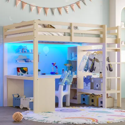 Produktbild von Abrihome Hochbett 140x200 cm mit Schreibtisch, Regalen & Kleiderschrank, Kinderbett Massivholzbett mit LED & USB, Natürlich