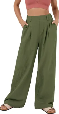 Produktbild von ASKSA Damen Weite Bein Hose Hohe Taille Laessig Sommerhose Einfarbig Freizeithose mit Taschen, Gruen, Groesse: XL