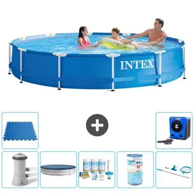 Produktbild von Intex Rundrahmen-Schwimmbecken – 366 x 76 cm – Blau – inklusive Pumpe Abdeckung - Wartungspaket - Filter - Reinigungskit - Bodenfliesen - Wärmepumpe