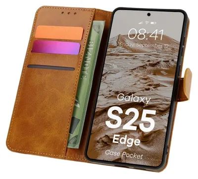 A brown leather wallet-style phone case with cards and money inserted, and a smartphone displaying a lock screen.