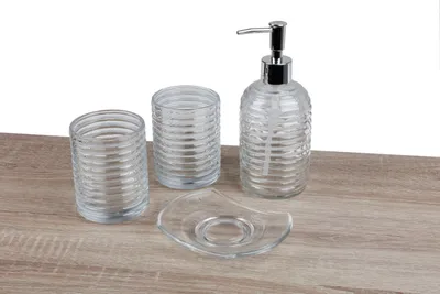 Produktbild von Badezimmer-Set aus Glas Seifenspender Seifenschale Zahnputzbecher Badaccessoires
