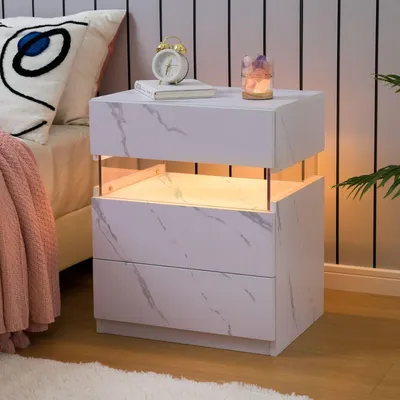 Image de Table de chevet avec éclairage LED - Meuble de rangement - Table - Décoration de chambre à coucher - Espace de rangement - 60 cm x 37 cm x 50 cm - Blanc