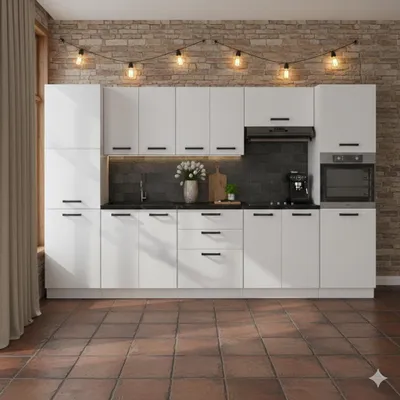 Produktbild von ULWEHOME Küchenmöbel Küchenmöbel-Set „Milan“ 320 cm | Unterschrank - Arbeitsplatte - Backofenschrank - Vorratsschrank - Regal | Mattweiß 3,2 m