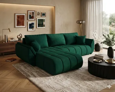 Image de Canapé d’angle SYDNEY PREMIUM gauche vert velours Monolith 37 - fonction couchage, coffre de rangement pour la literie