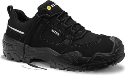 A black safety shoe is shown against a white background.