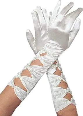 Produktbild von krautwear® Ca. 32cm lange weiße 1 Fingerschlaufen Braut Handschuhe mit 2 Blümchen und Schleifen