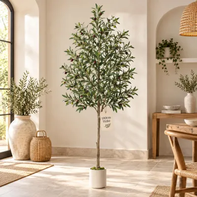 Produktbild von Olivenbaum 180 cm, Künstlicher Olivenbaum mit Früchten und weißem Topf, Mediterraner Kunstbaum als Zimmerpflanze für Wohnzimmer, Büro, Flur und Deko