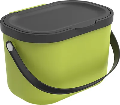 A green compost bin with a gray lid and black handle is shown against a white background.