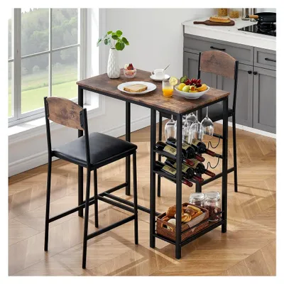 Produktbild von Bartisch mit Barhocker Set, Stehtisch mit 2 Polyurethangepolsterten Stühlen, Seitenregalen und Rotweinregal, Küchentisch im Industrie-Stil für Esszimmer, Küche oder Wohnzimmer, Vintagebraun