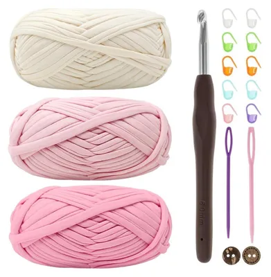 Image de T-shirt en fil de polyester, composition : 3 pelotes de 100g chacune. Fil à broder, idéal pour le crochet avec un crochet de 6 mm. Couleur : rose