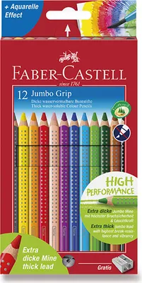 Zdjęcie produktu dla Kredki ołówkowe Faber Castell Jumbo Grip, rozpuszczalne w wodzie, pole na imię, 12 sztuk w etui