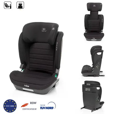 A black child car seat is shown from multiple angles, with some logos and certifications at the bottom.