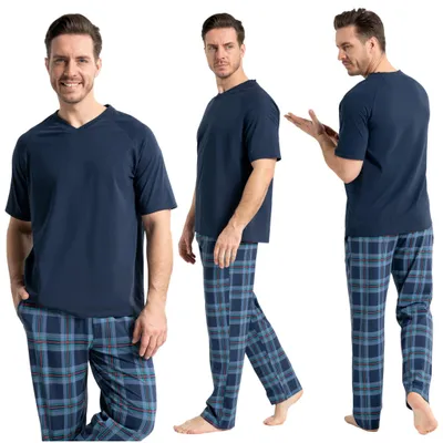 Produktbild von Herren Pyjama - Pyjama Set Größe XXL - lange Hosen blau - V-Ausschnitt T-Shirt