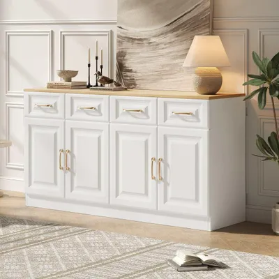 Produktbild von Sideboard-Buffetschrank 140x40x75cm mit 4 Schubladen & 4 Türen, verstellbaren Böden & Landhausstil, Weiß+Eiche
