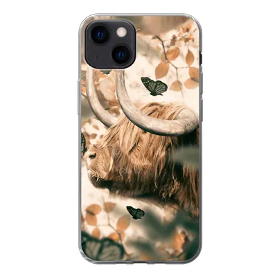 Produktbild von MuchoWow® Handyhülle Schutzhülle Hülle für iPhone 13 Schottische Highlander - Schmetterlinge - Blätter Silikon Softcase Handy Hülle - Karteninhaber