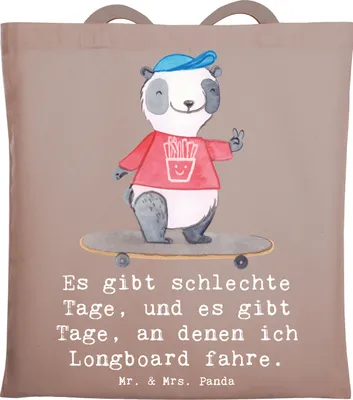 Produktbild von Mr. & Mrs. Panda Tote Bag Panda Longboard fahren - Braun Pastell - Geschenk, Schultasche, Baumwolltasche, Laptoptasche, Jutebeutel, Tasche, Skaten
