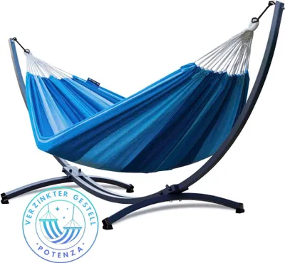 Produktbild von Potenza Outdoor Hängematte mit Verzinkter Gestell für 2 Personen I Baumwolle Doppelhängematte XXL 220x160, 200kg I Hängemattengestell 220kg, wetterfest