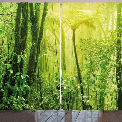 Obrázek produktu pro ARANDE Zelená záclona, tropický amazonský les s rostlinami a stromy, 280 x 175 cm, lesní zelená světle zelená
