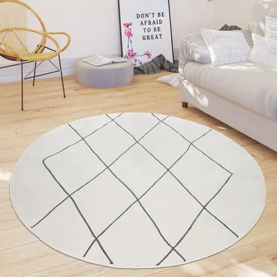 Image de Tapis de salon Skandi à motif losanges, poils courts, clair et moderne, blanc, taille Ø 120 cm, rond