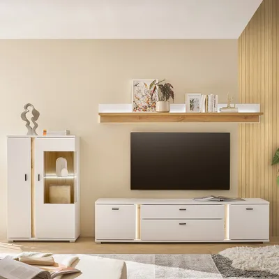 Produktbild von Wohnwand weiß mit Eiche LOVENO-61 Modern 3-teilig