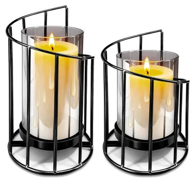 Produktbild von 2 Stück Kerzenhalter aus Metall und Glas für Tischdekorationen im Innen- und Außenbereich (Schwarz)