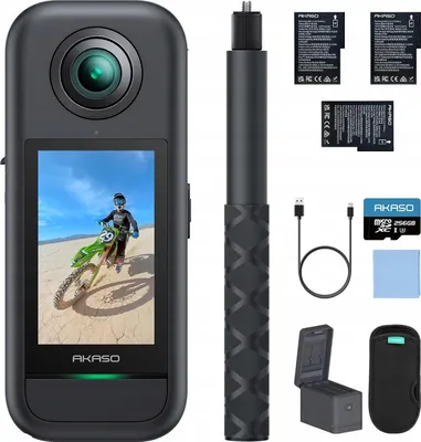 Zdjęcie produktu dla Zestaw AKASO Kamera sportowa z akcesoriami 360° 5,7 K 72 MP 256 GB