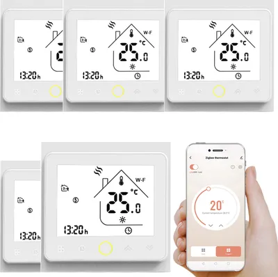 A collage of smart thermostats and a hand holding a smartphone displaying a thermostat app.