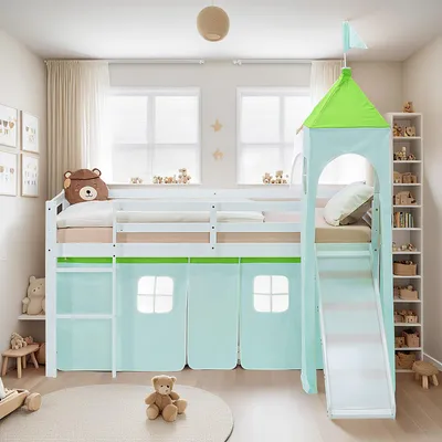 Produktbild von Homestyle4u Kinder Hochbett 90x200 Rutsche Vorhang Turm grün Kinderbett