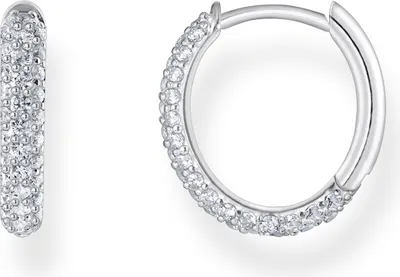 A pair of silver hoop earrings with white stones, displayed against a white background.